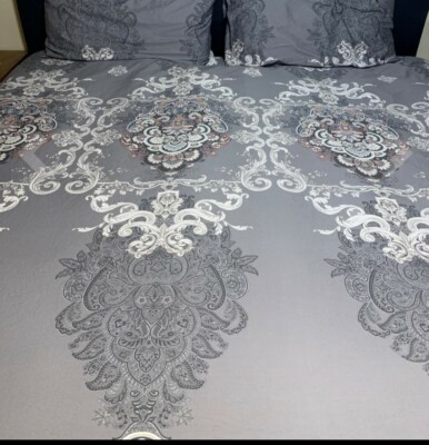 YuHeGuoji 3 Piece Duvet Set Queen/Full Gray Boho Damask ultra Soft.