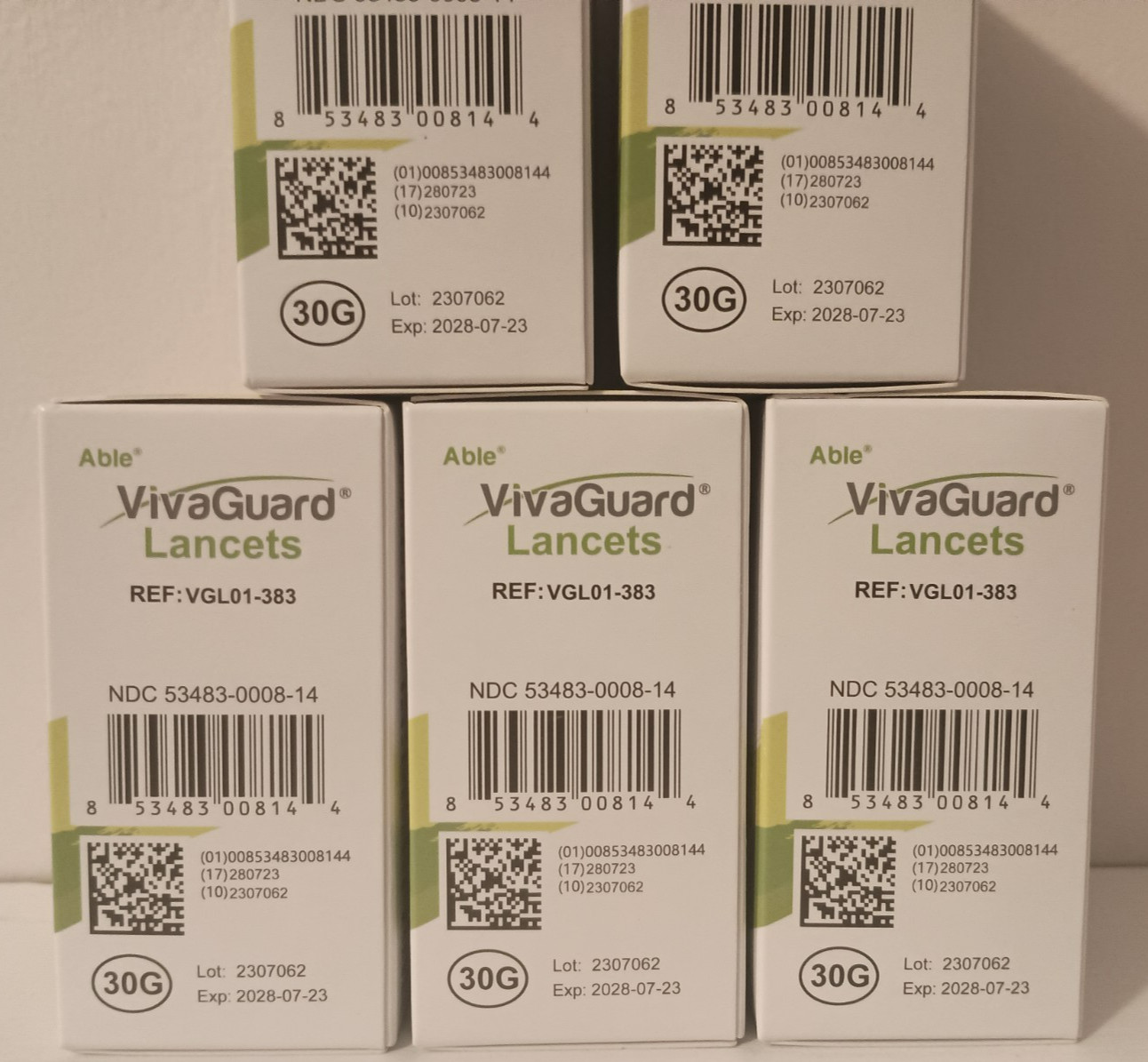 Able® VivaGuard®  30G Lancets 5 Boxes 500 Lancets Total New in Box Exp. 07/2028