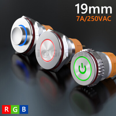 19mm Push Button Switch Momentary Latching RGB LED Light 2NO Stainless Steel
