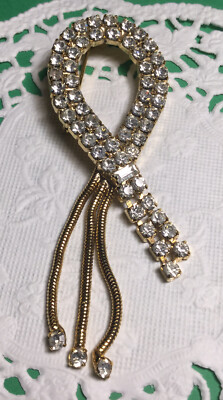 PRETTY PAVE CLEAR RHINESTONE LOOP WITH DANGLES BROOCH GOLDTONE NICE 
