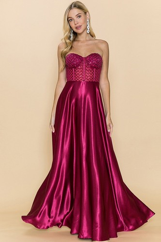 Vestido Largo Formal SIN TIRANTES TOP DE LENTEJUELAS Y FALDA SATINADA Color VINO S M L 212 - Imagen 3 de 5
