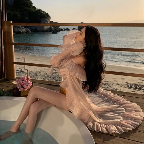 Damen Offene Vorderseite Langes Kleid Sonnengeschützt Strand Cardigan Fairy Sexy - Picture 10 of 12