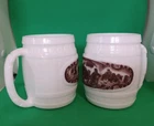 PAIR OF VINTAGE DUTCH WHITE MILK GLASS BARREL TANKARD MUGS WITH  TAVERN SCENE