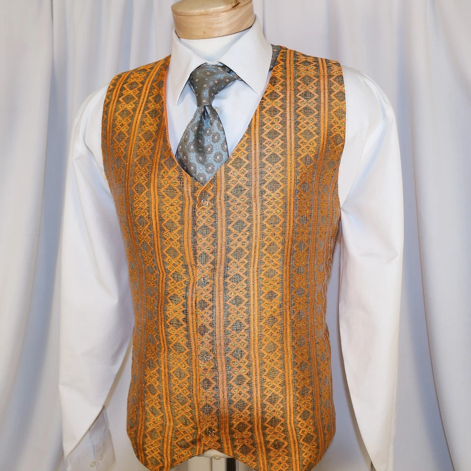 Orange Gold Geometric Polyester Men Formal Waistcoat Vest Size XL - Image 4 of 4