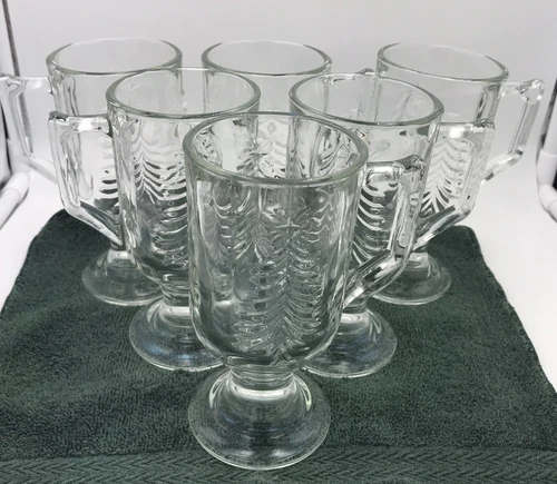 Irish Coffee Mugs Clear Glass Handled With Etched Tree Design Set of 6