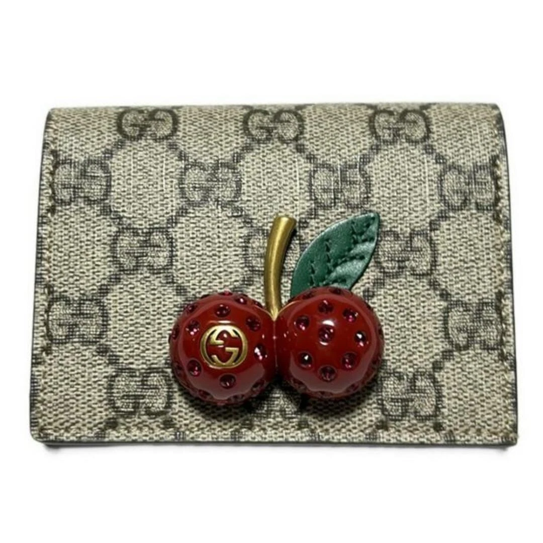 Portefeuille double pli GUCCI, cerise, GG Plus, GG Supreme 476050 beige x rouge x multi che