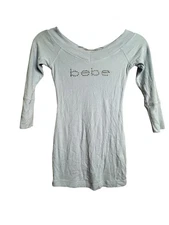Bebe Y2K Ribbed Light Blue Off The Shoulder Top Rhinestones XS USA Made H21