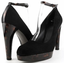  280 STUART WEITZMAN BRACELET Black Suede Designer Ankle Strap Platform Pumps 10