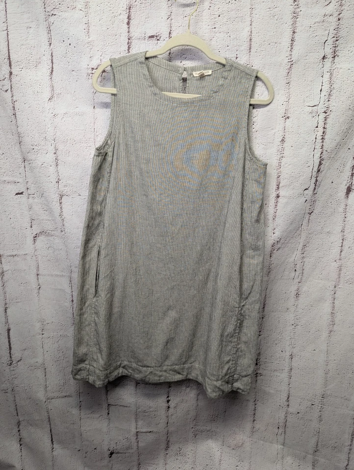 Vestido Clásico Pequeño M EILEEN FISHER Algodón Orgánico Lino Tictac Rayas Línea A Foto 3 de 4