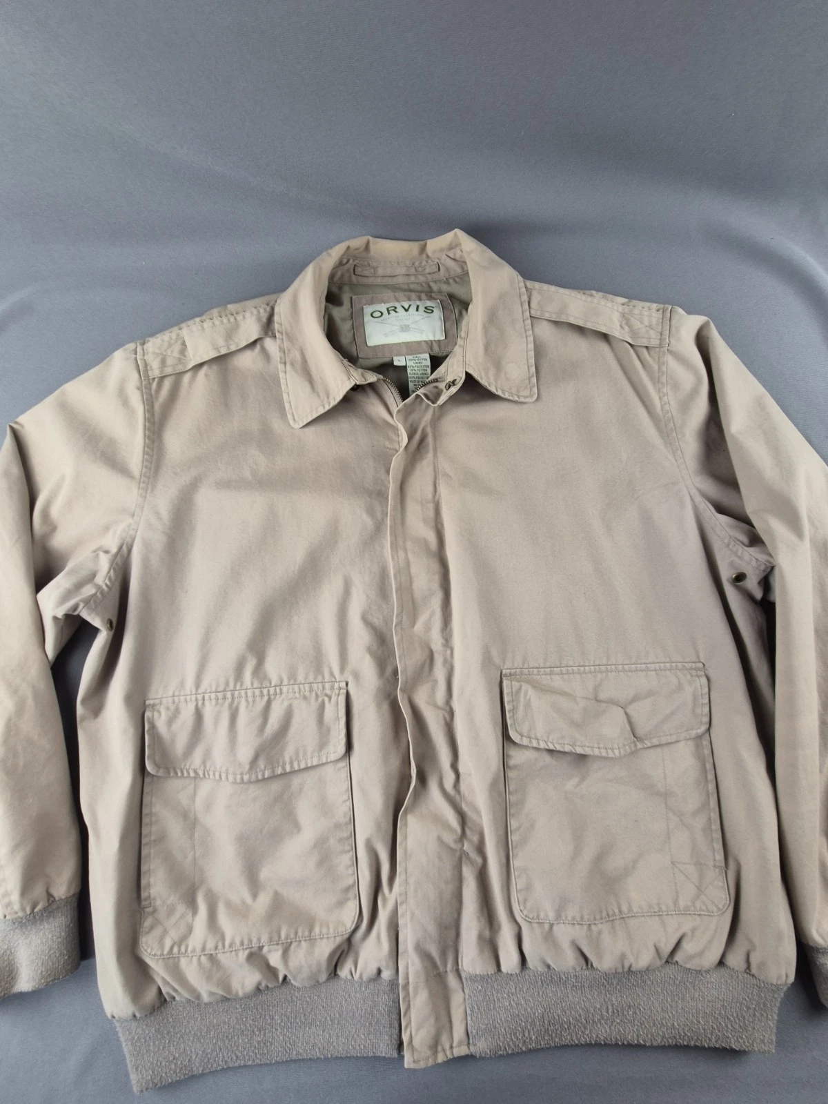 ORVIS Men's Beige Jacket Bomber Style Size Large Mens 2 Pockets