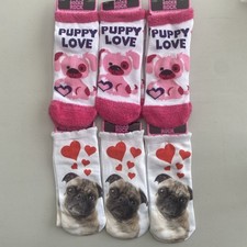 Girls 6 Pair Socks Valentine Socks Puppy Love Pug 9-11 New