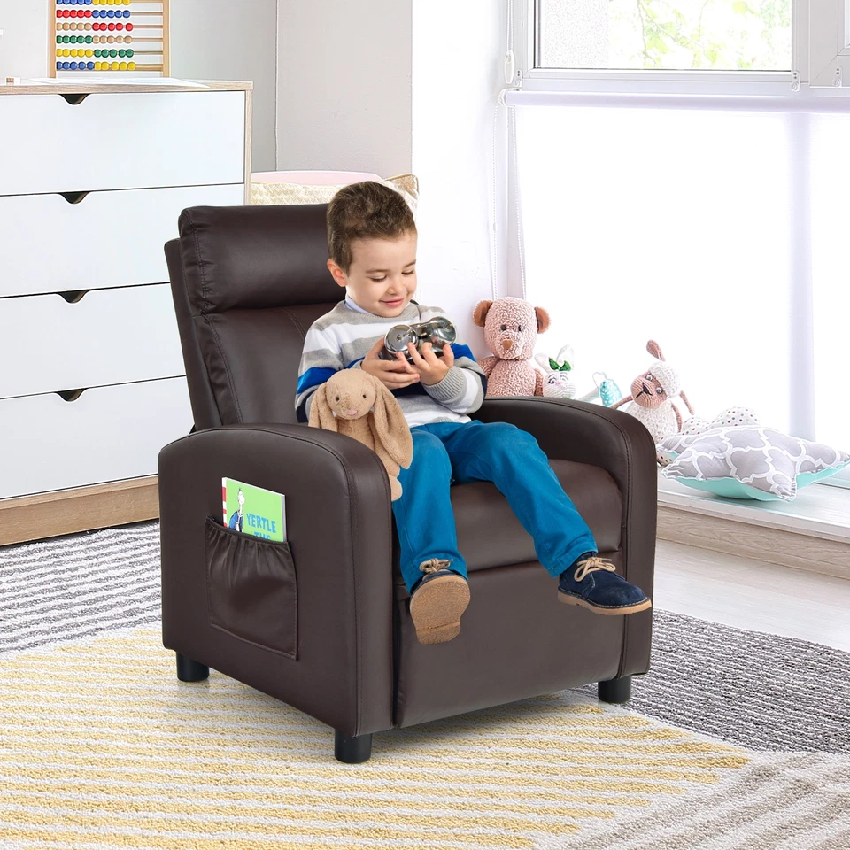Sillón reclinable de cuero ajustable para niños con reposapiés bolsillo lateral Foto 3 de 4