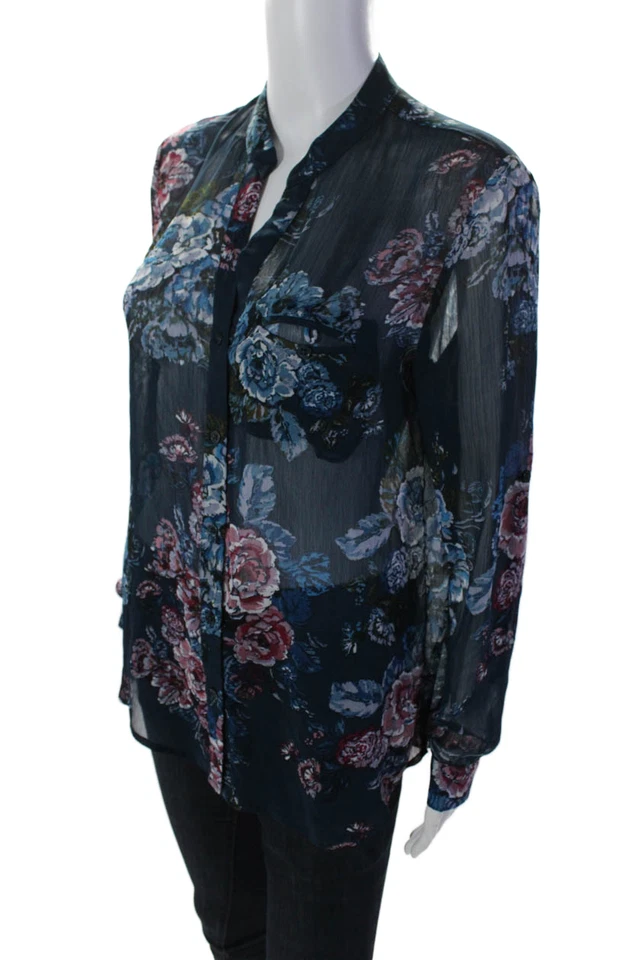 Camisa floral KUT from the Kloth para mujer manga larga cuello en V azul marino talla múltiple pequeña Foto 2 de 4