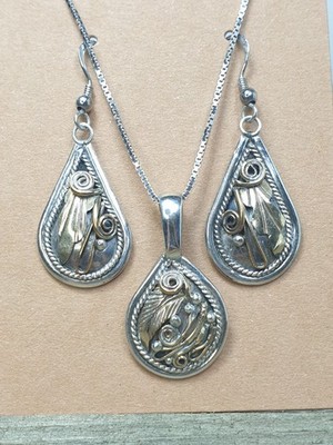 11g Gold Filled Sterling Silver Navajo Leaf Work Earrings Necklace Pendant Set