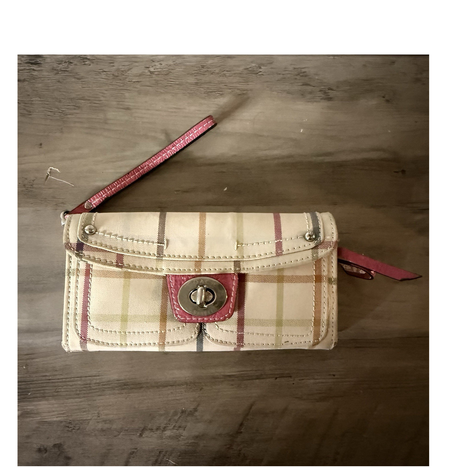 Coach  Tattersall Plaid Wristlet Wallet with Pink Accents Turn Lock VTG Y2K