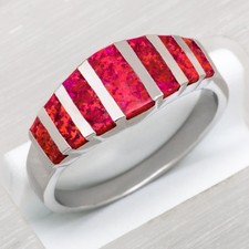 Birthstone Red Fire Opal Silver Jewelry Women Engagement Band Ring Size 7 8 9 10
