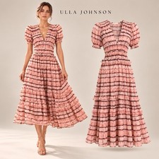 Ulla Johnson Silk Midi Dress Burgundy Stripes Pink Tiered Tie Dye Puff Sleeves 2