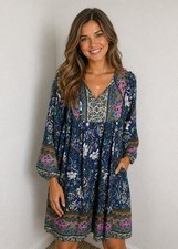Temofon Navy, Pink & White Floral Bohemian Dress, Size Large