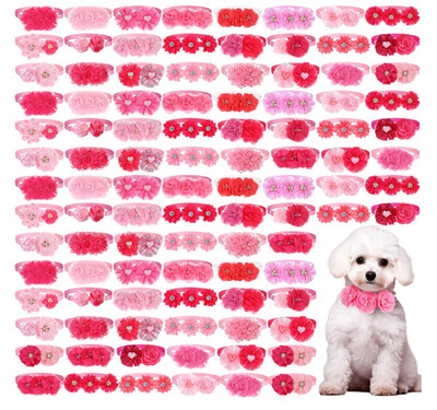100 Pcs Pink Dog Collar Flowers Bows Dog Grooming Collar Bulk Adjustable Pet ...