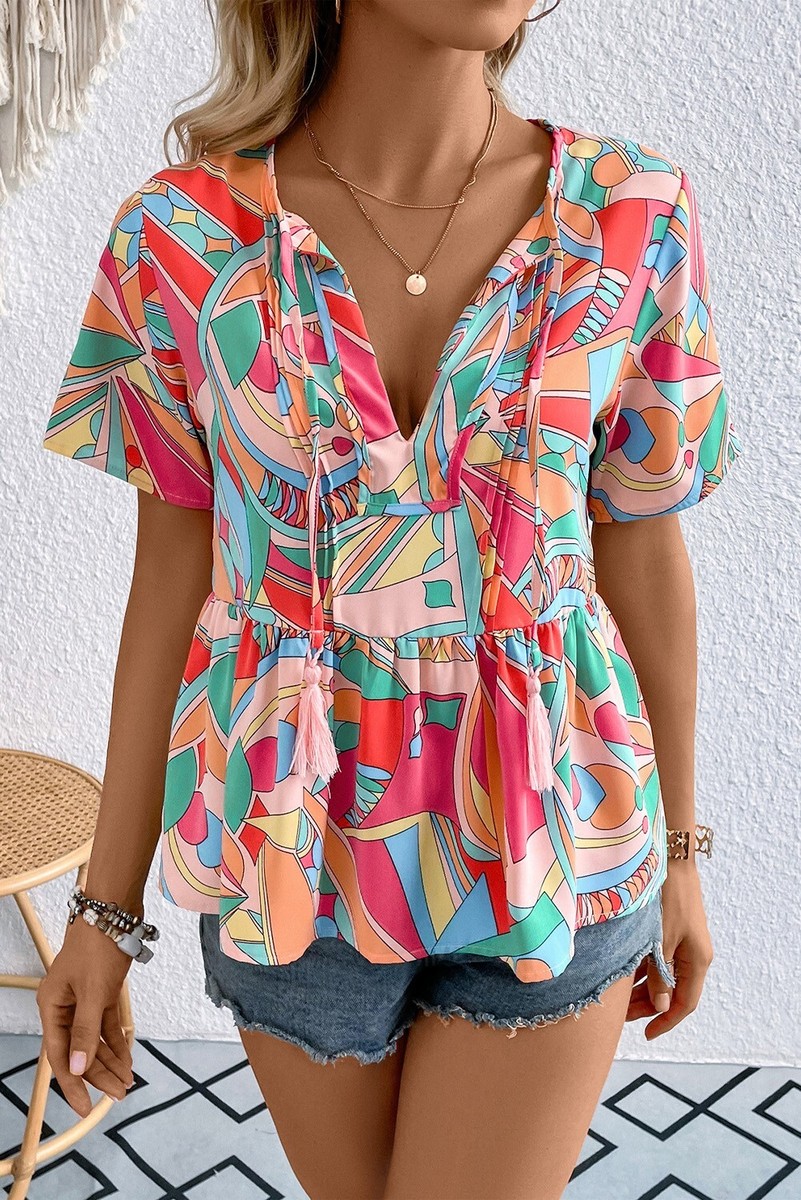 Tie Neck Peplum Blouse Short Sleeve Multicolor Geometric Print
