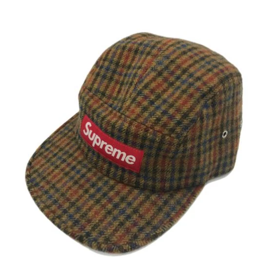 Casquette de camp Supreme x Harris tweed logo boîte en laine rouge à carreaux marron OCCASION