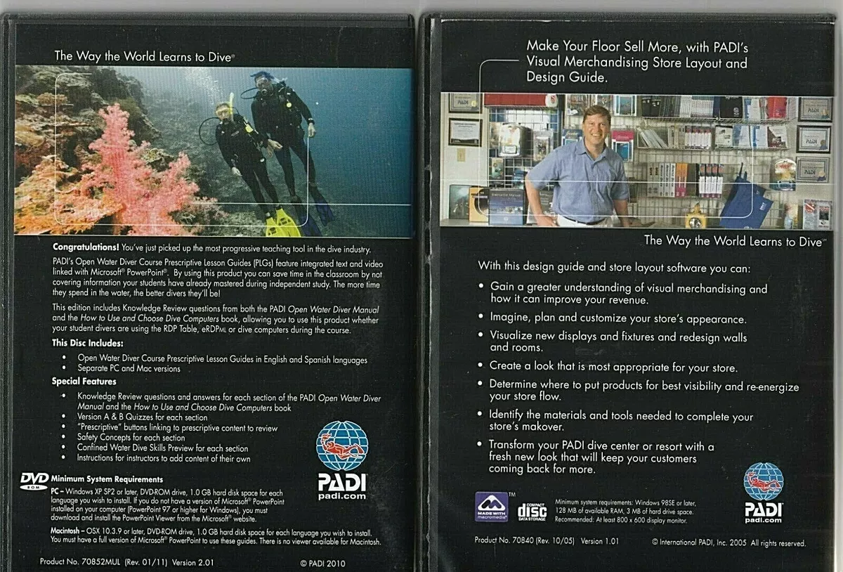 2 PADI DVD LOT! Visual Merchandising for Retail Store + Open Water Diver  Course