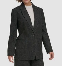 DKNY Women's Black Pinstripe Long-Sleeve Single-Button Blazer Jacket Size 10