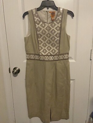 Tory Burch Tan 100% Linen Sleeveless Neutral Textured Sheath Dress 8  Embroidered | eBay