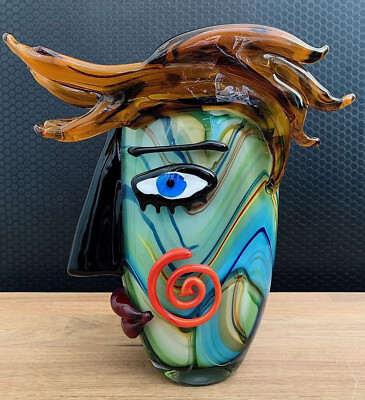 Glasvase Vase Gesicht Blumenvase Kunstvase Tischvase Glaskunst Murano Stil Deko