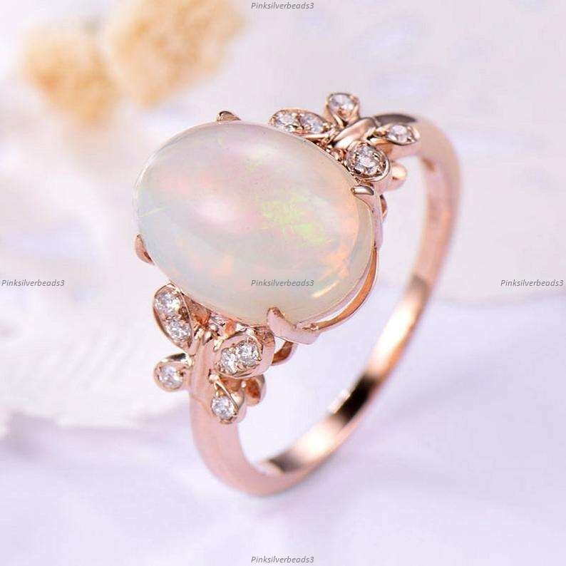 Natural Opalite Diamond Butterfly Band Wedding Ring in 14k Rose Gold Fine Jewelry