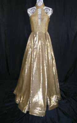 JVN by Jovani Wedding Formal Dress Gown 6 Gold & Black Metallic Halter Plunging