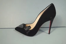 LOUBOUTIN 35.5 MADAME MENULE 100 Black Velvet Crystal Bow Point Toe Pumps NEW