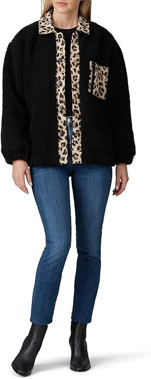 Black Faux Fur Sherpa Jacket with Leopard Trim Women's XS