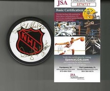 Sid Abel & Dwight Foster Signed NHL Shield Official Puck JSA COA Red Wings