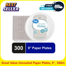 Great Value Uncoated Paper Plates, 9", 300ct