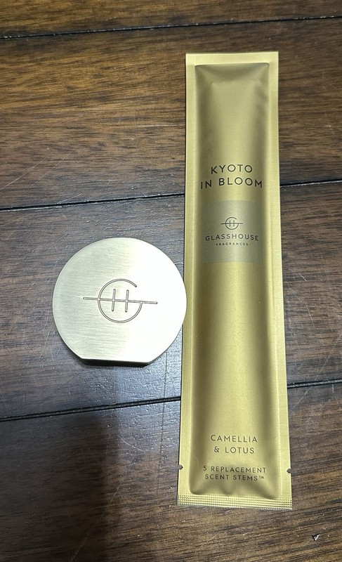 GlassHouse Fragrance New Kyoto in Bloom Stems and Gold Metal Vessel(used)