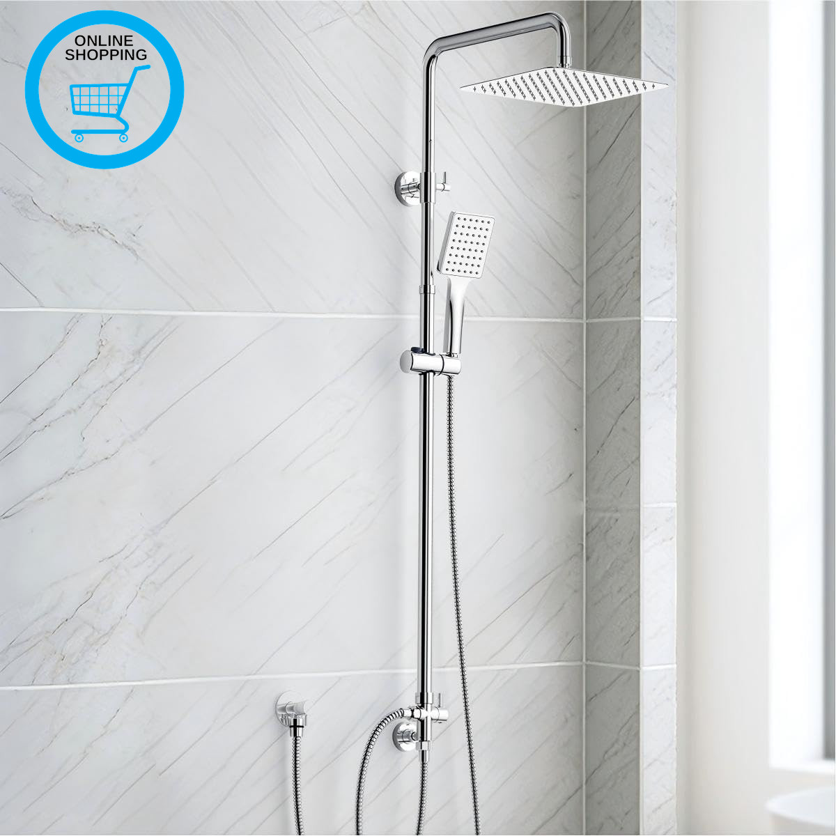 Shower Riser Rail Kit with 25 X 25 Cm Square Overhead Shower, and Brass Diverter