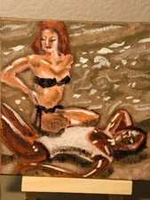 Tan black acrylic & ink "Two Woman on Beach" on 4x4 Mini 1/1 Limited Signed