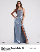 Windsor Light Blue Sequin Satin Slit Formal Dress SIZE MEDIUM