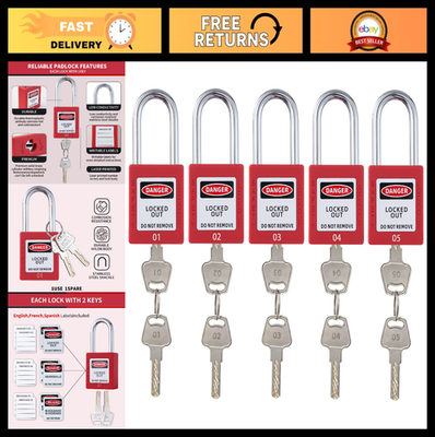 #ad 10 OSHA Compliant Lockout Tagout Padlocks with Keys Keyed Different Red Safe $51.99