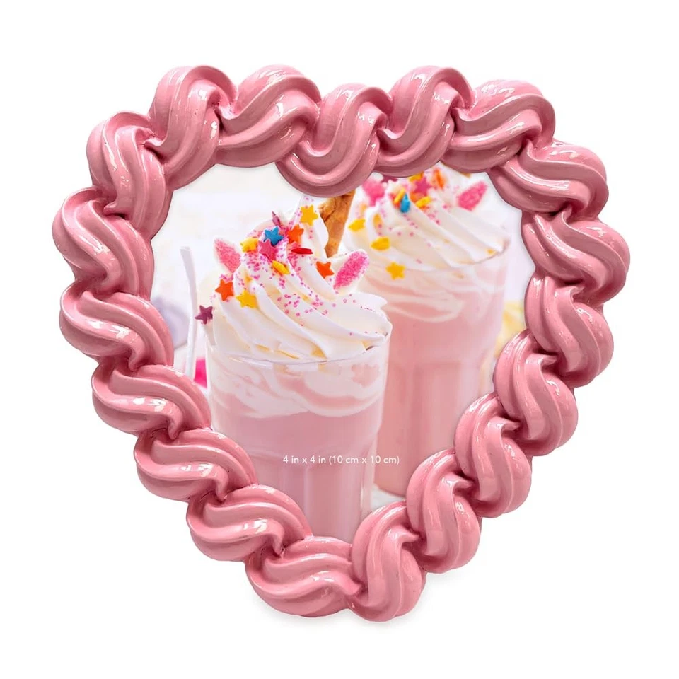 Marco de fotos 4x4 rosa brillante esmerilado en forma de corazón con caballete y gancho para lengüeta... Foto 2 de 3