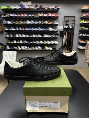 AUTHENTIC Gucci Men's Ace GG Embossed Sneaker in Black Leather SZ G 10.5 / 11US