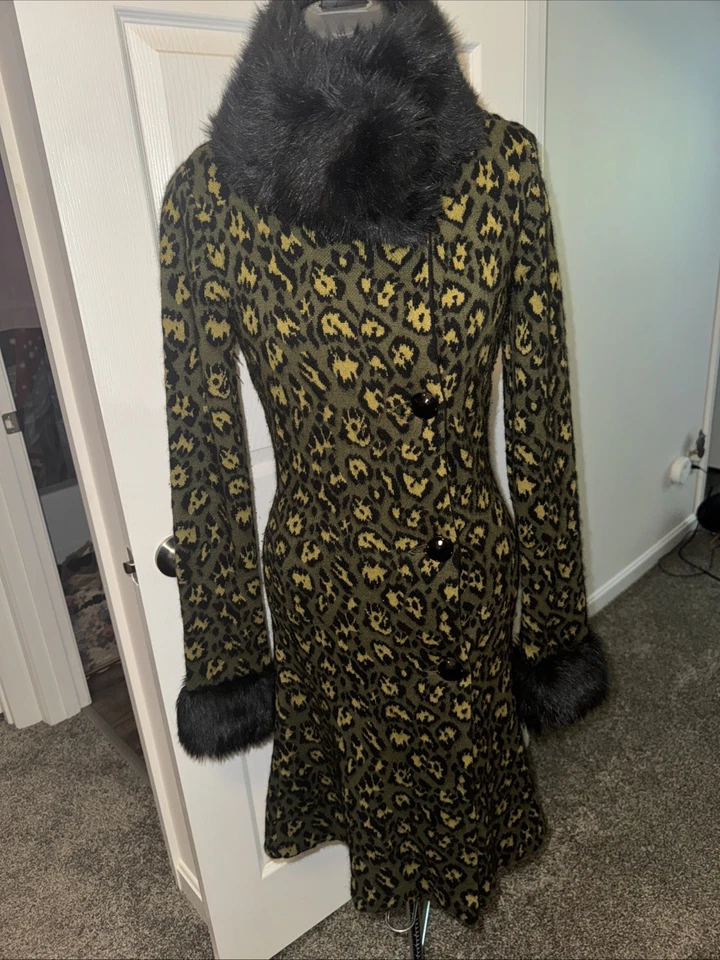 Vintage 90s Y2K Betsey Johnson Sweater Duster Cardigan Leopard Fur S - Image 3 of 4