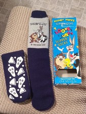 Vintage Looney Tunes Navy Gray Slipper Socks 1995 sz OS Gripper Soles Adult