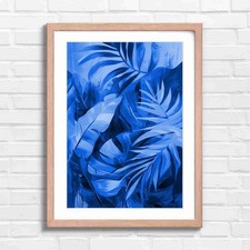 Vibrant Tropical Palm Leaf Abstract Art Blue Framed Wall Art Print Large Picture