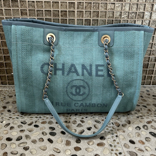 CHANEL Deauville Blue Canvas Logo Tote, Chain Shoulder Straps, Zip/Mag