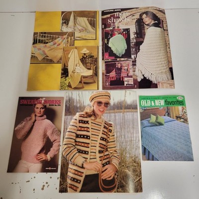 Lot Of 5 VTG Crochet And Knitting Craft Pattern Books Afghan Capes Sweater Coats