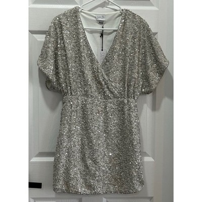 SAYLOR Tory Sequin Mini V-Neck Mini Dress XS Silver Wrap Short Sleeve Cocktail