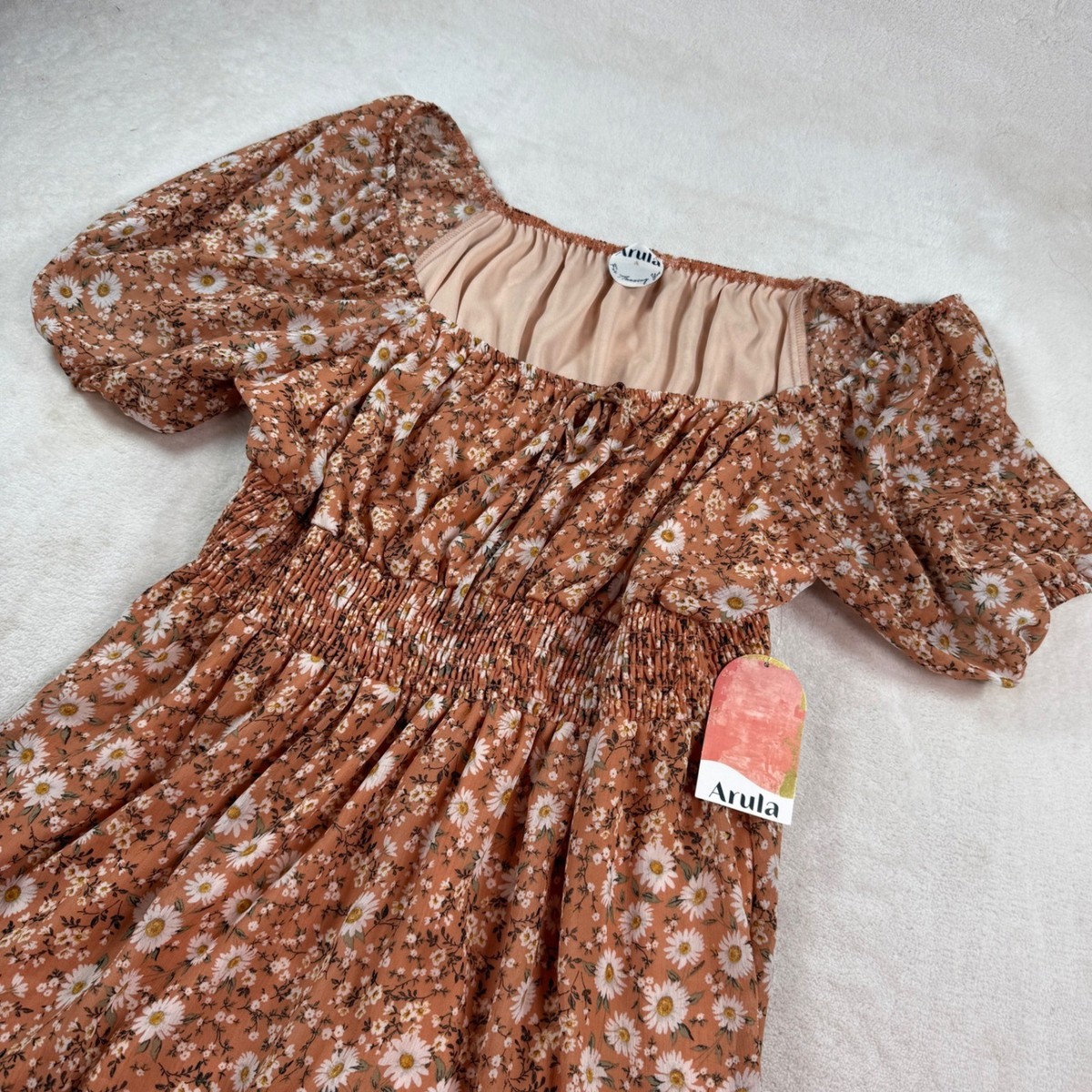 Arula Peach Daisy Floral Smocked Mini Dress Puff Sleeve 1X PDR97506-018 NWT Arula Peach Daisy Floral Smocked Mini Dress Puff Sleeve 1X PDR97506-018 NWT