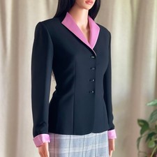 Vtg 90s Kasper ASL Womens Black Pink Lapel Tailored Blazer Officecore Size 4